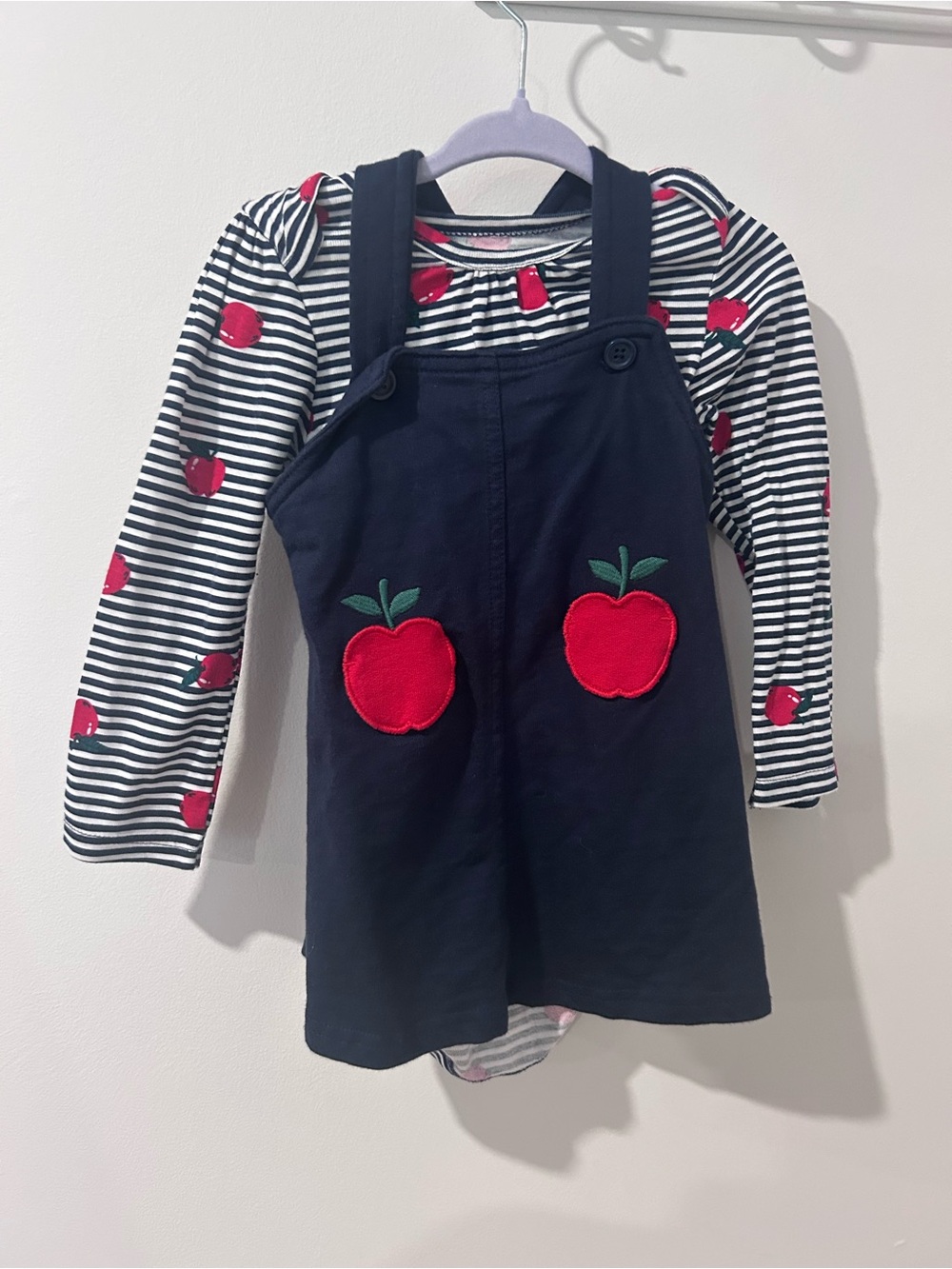 Navy Apple Pinafore Dress with Striped Apple Bodysuit - Kids